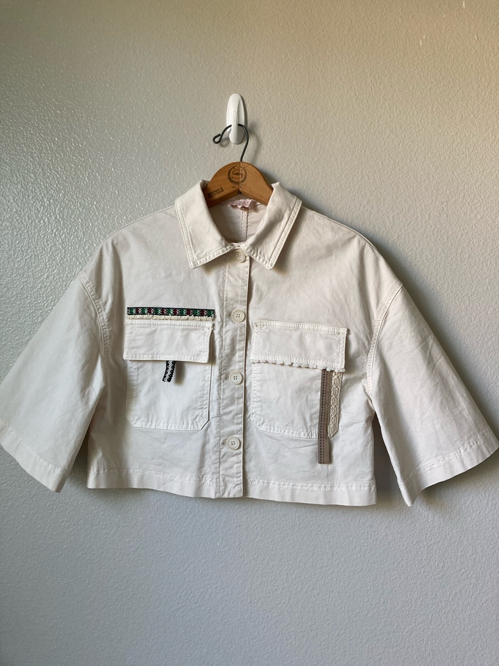 PLEASE Cropped Boxy Jacket Workwear Italian Brand Crochet details sz Est Small